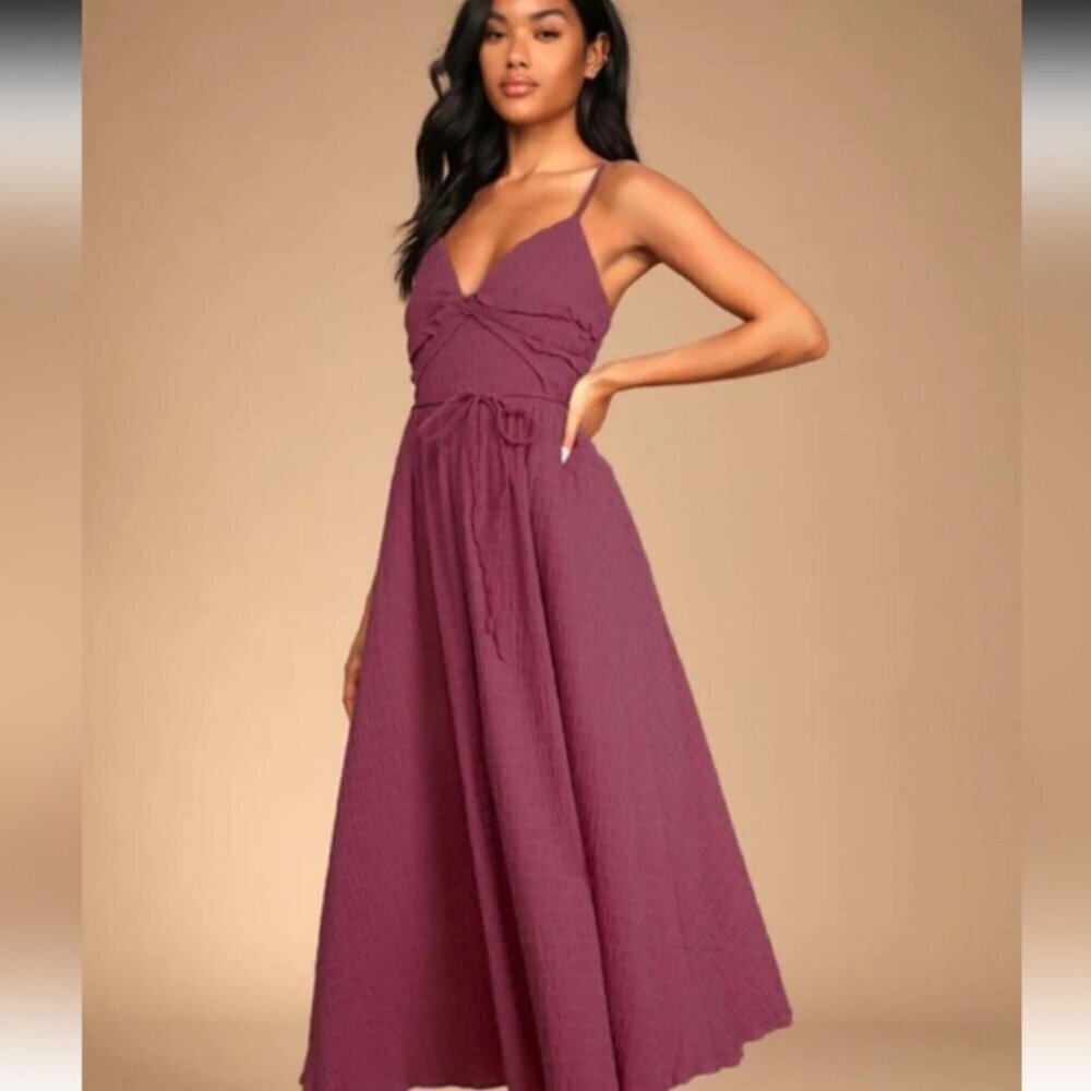NWT Lulus Cue the Cuteness Mauve  Purple Twist Front Midi Dress, Size XS - Picture 2 of 16